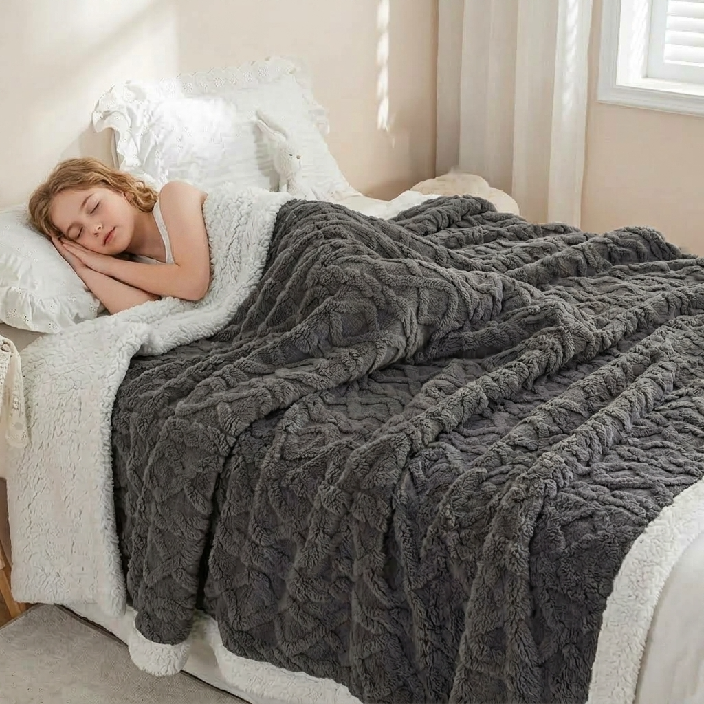 Grey Geometric Fleece and Sherpa Throw
