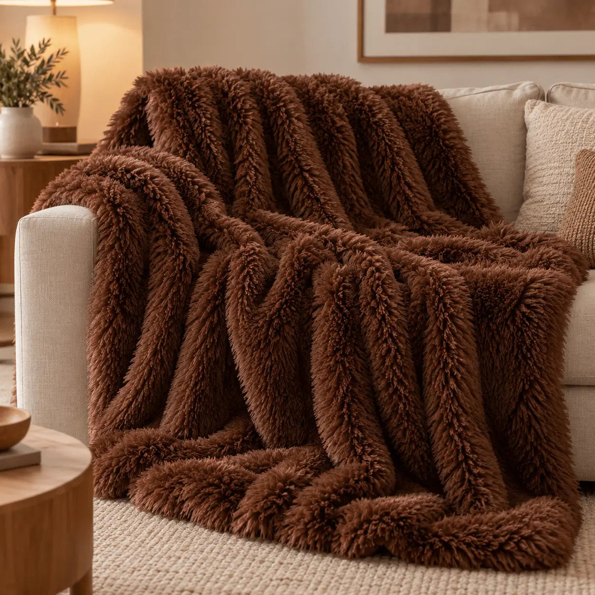Long-Pile Faux Fur Sofa Throw – Brown 80x100cm