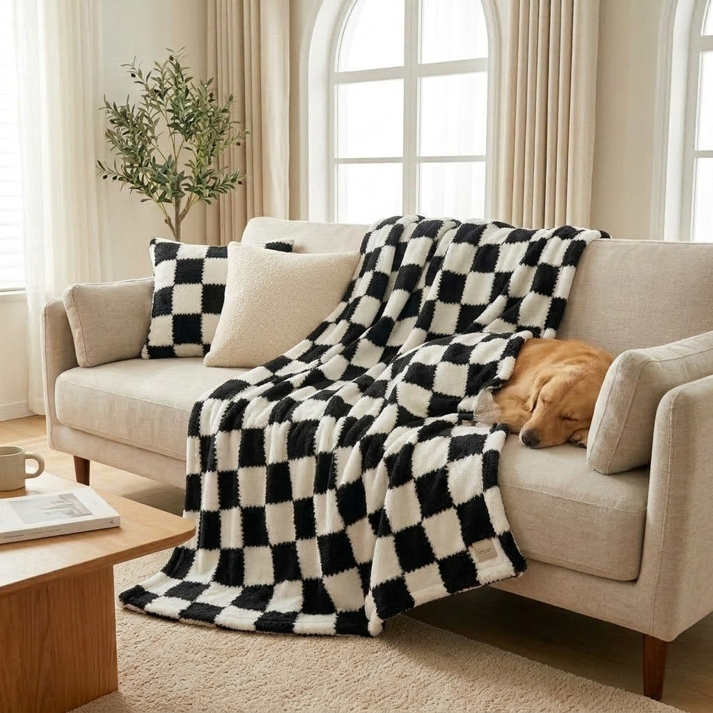 Black Soft Checked Fleece Throw