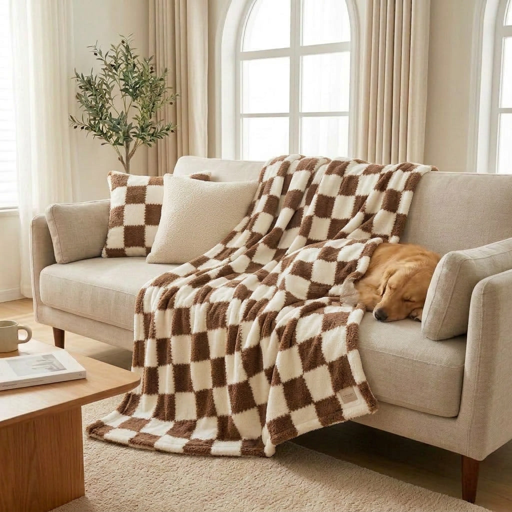 Coffee Brown Soft Checked Fleece Throw