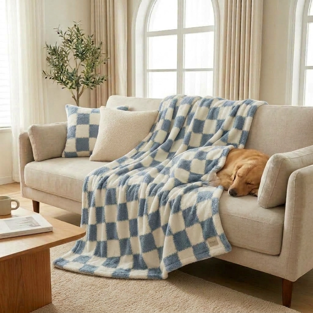 Blue Soft Checked Fleece Throw