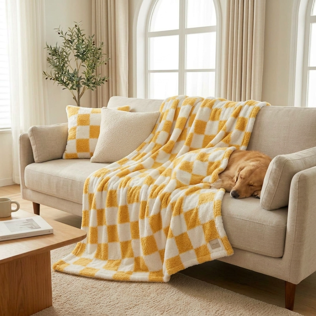 Yellow Soft Checked Fleece Throw