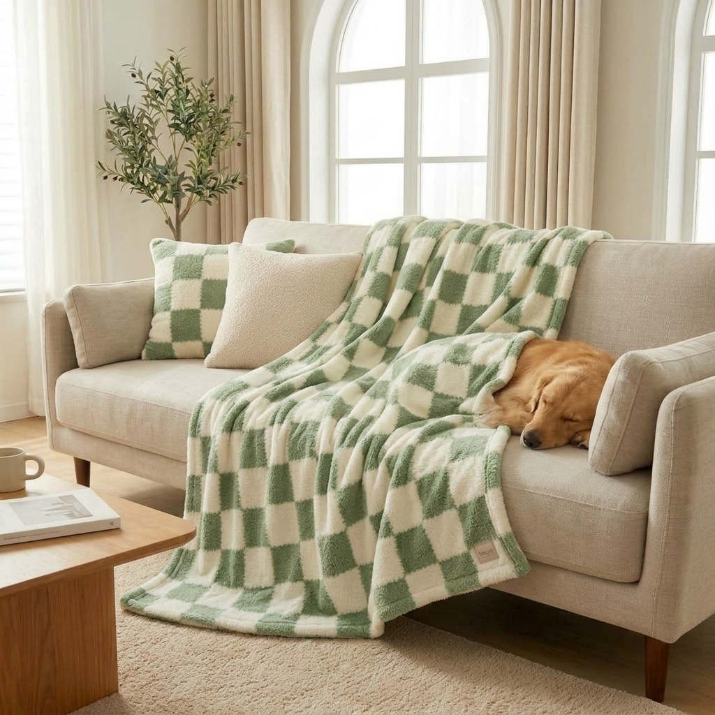 Green Soft Checked Fleece Throw