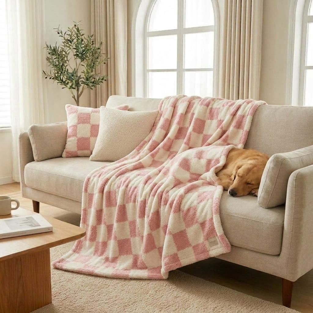 Pink Soft Checked Fleece Throw