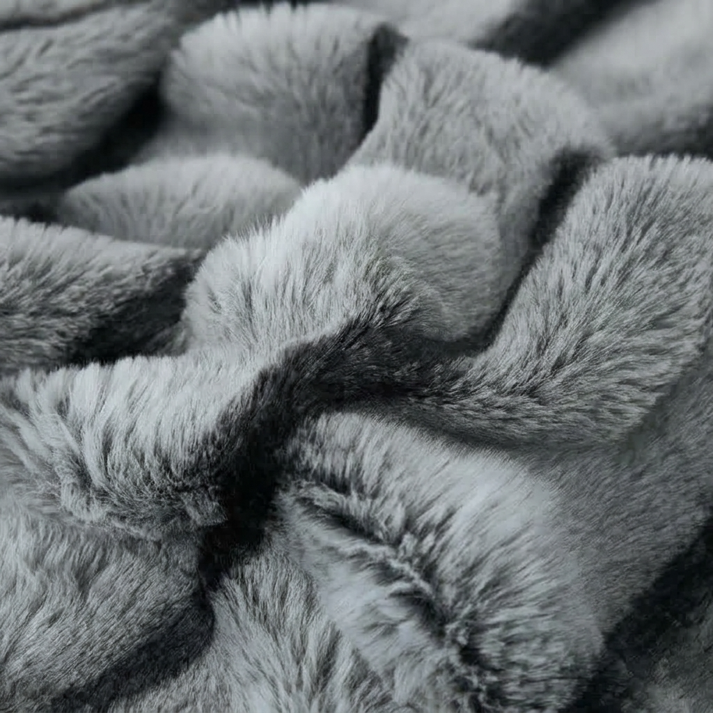Grey Plush Textured Striped Faux Fur Throw