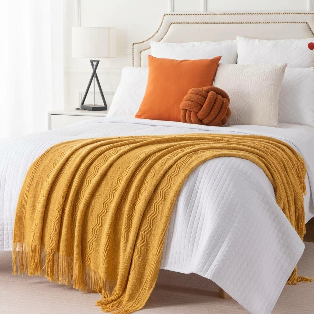 Yellow Textured Knitted Fringed Throw