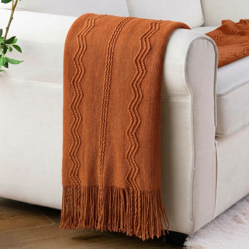 Terracotta Textured Knitted Fringed Throw