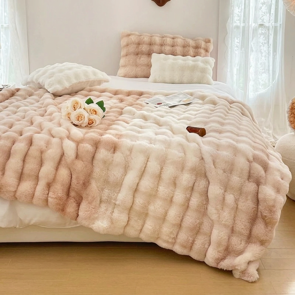 Cream Plush Reversible Faux Fur Throw