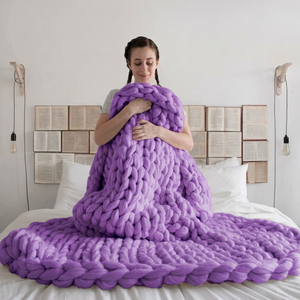 Purple Chunky-Knit 100% Cotton Throw