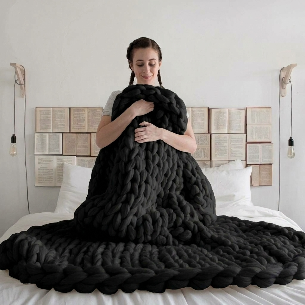 Black Chunky-Knit 100% Cotton Throw