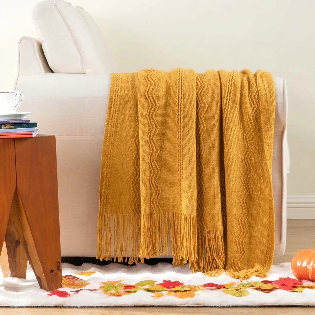 Yellow Textured Knitted Fringed Throw