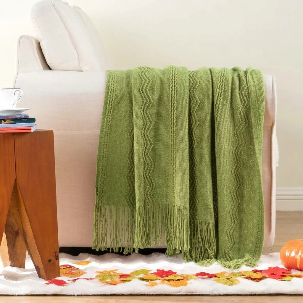 Olive Textured Knitted Fringed Throw