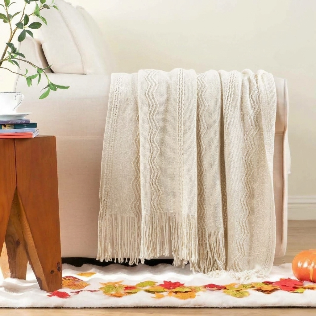 White Textured Knitted Fringed Throw