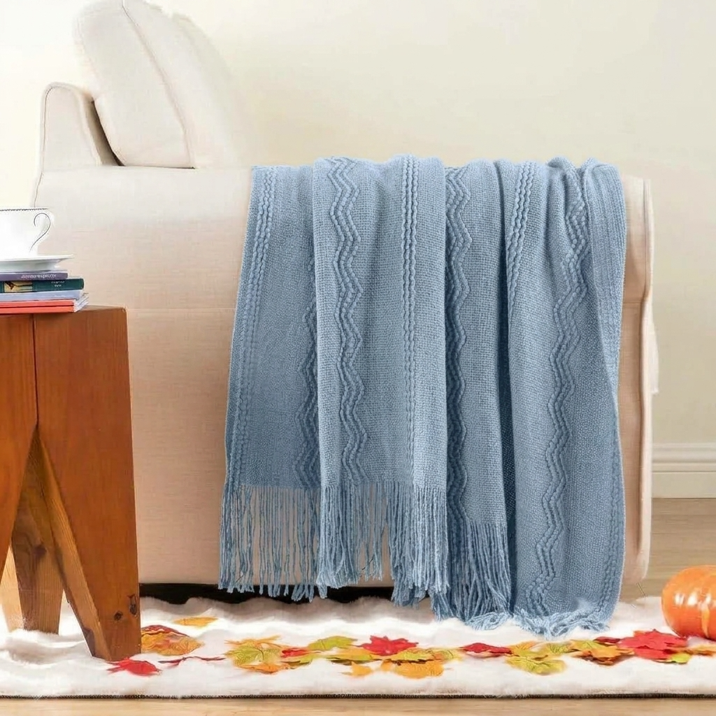 Blue Textured Knitted Fringed Throw