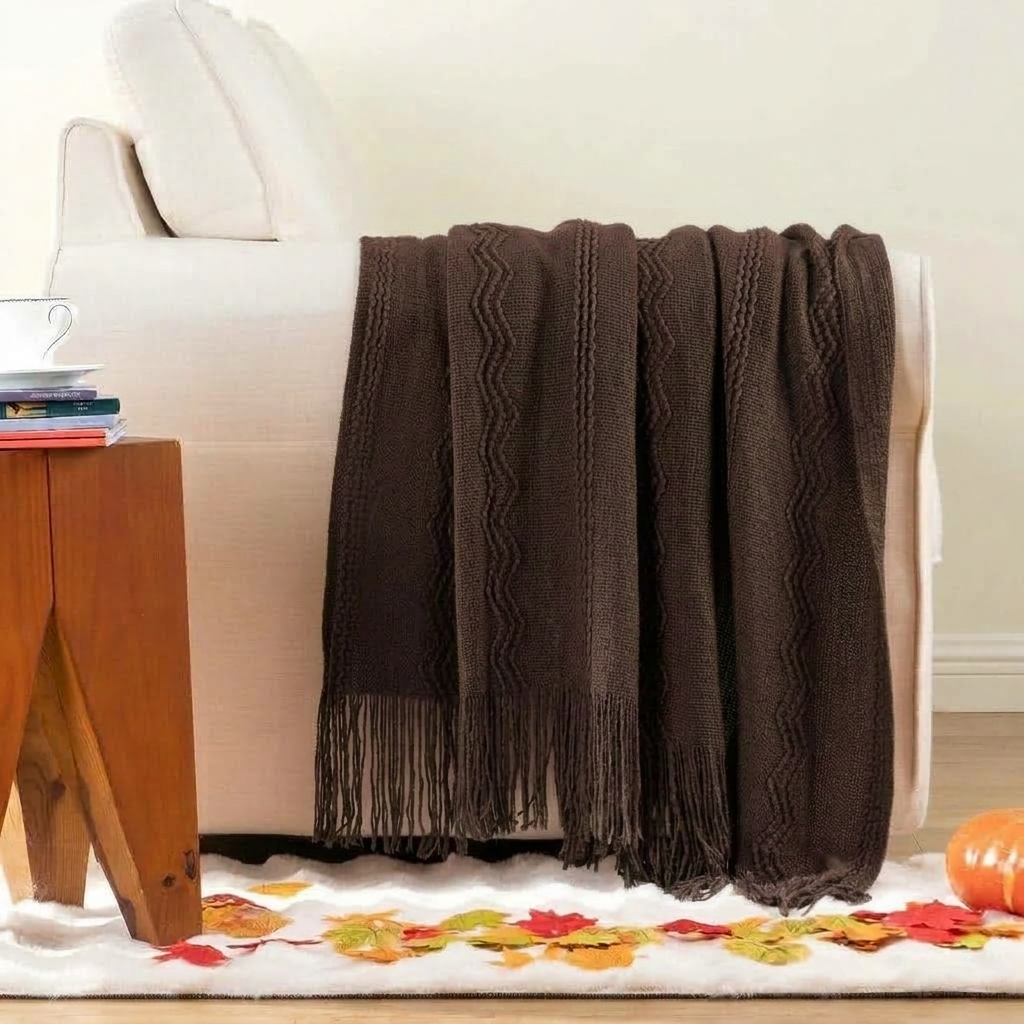 Brown Textured Knitted Fringed Throw