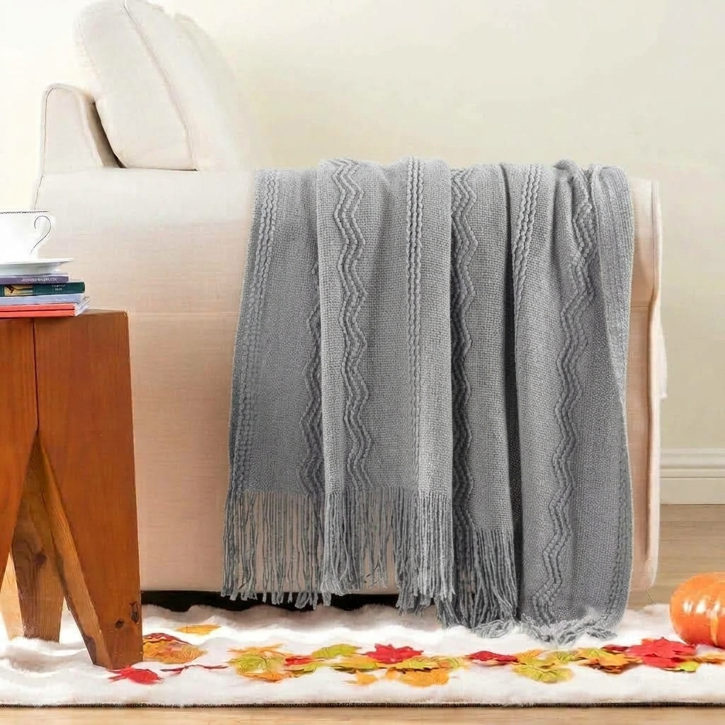 Grey Textured Knitted Fringed Throw