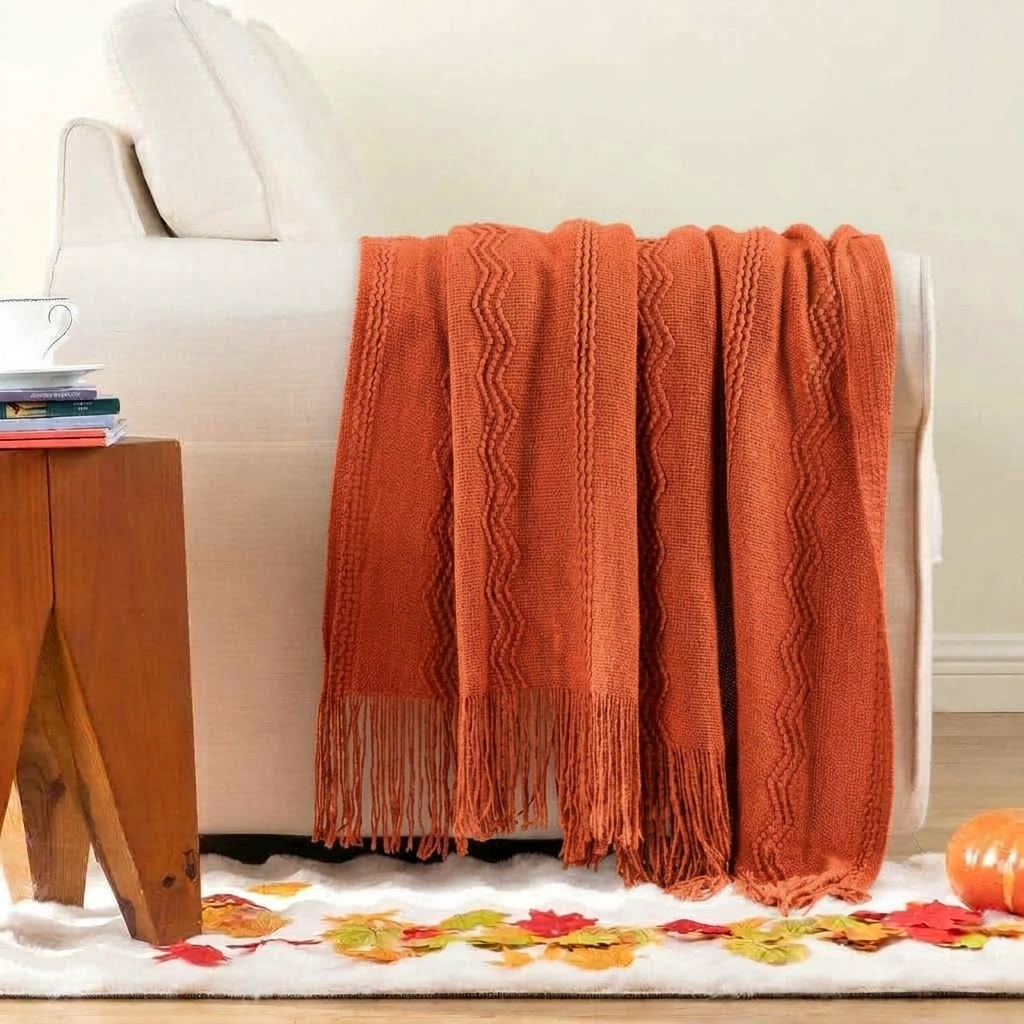 Orange Textured Knitted Fringed Throw