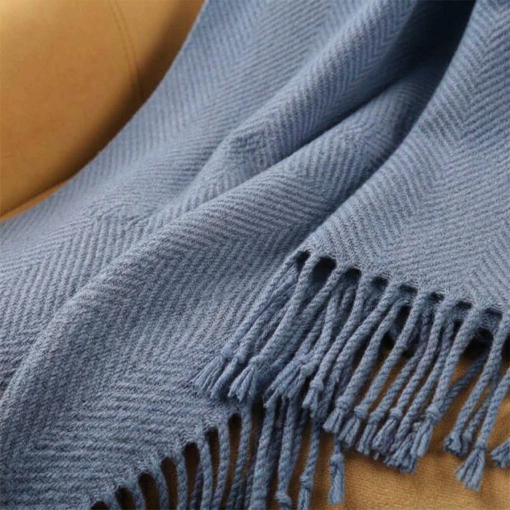 Blue Plain 100% Wool Fringed Throw