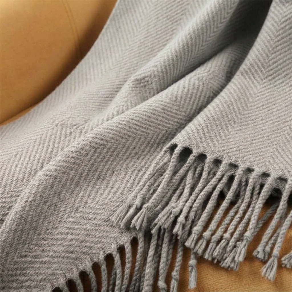 Grey Plain 100% Wool Fringed Throw
