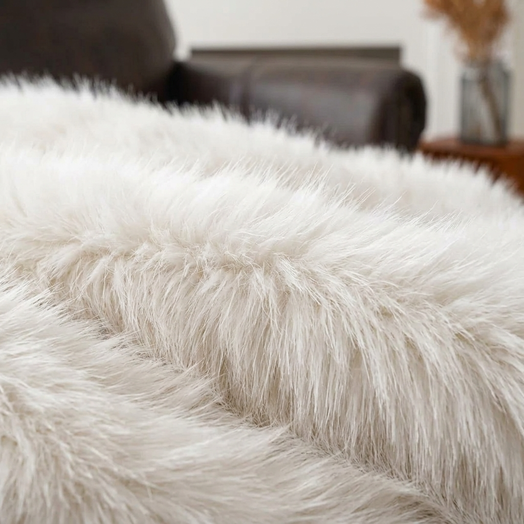 White Soft Long-Pile Faux Fur Throw