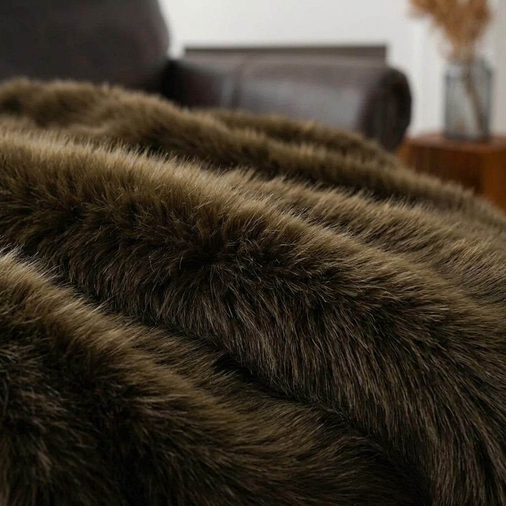 Khaki Soft Long-Pile Faux Fur Throw