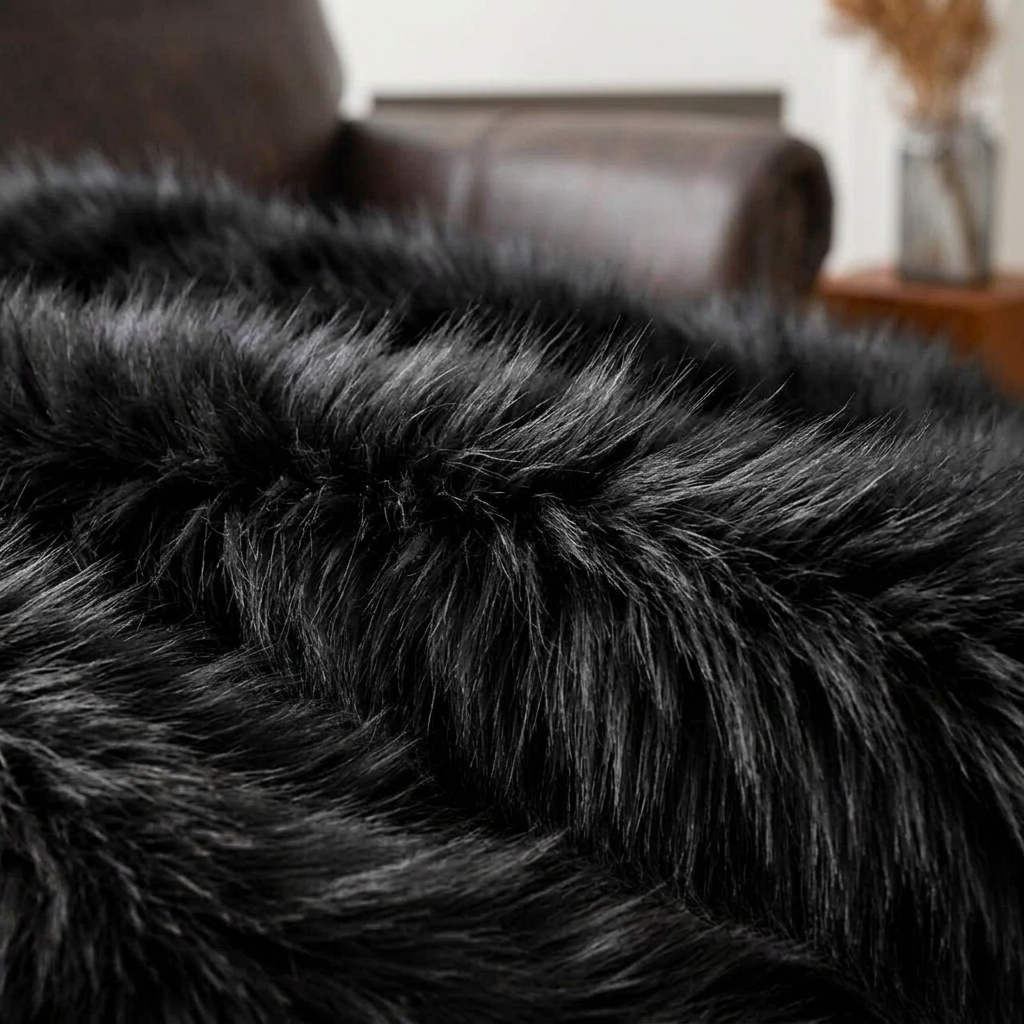 Black Soft Long-Pile Faux Fur Throw