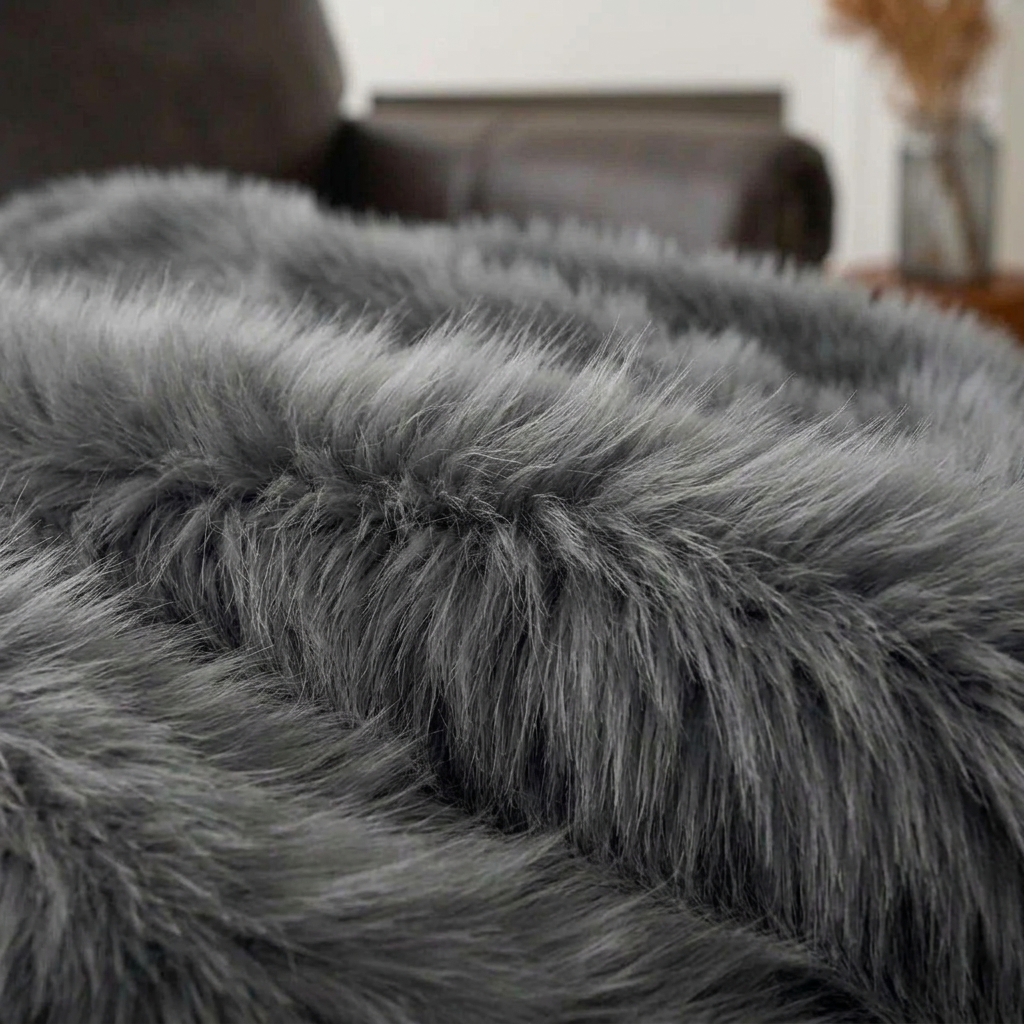 Grey Soft Long-Pile Faux Fur Throw