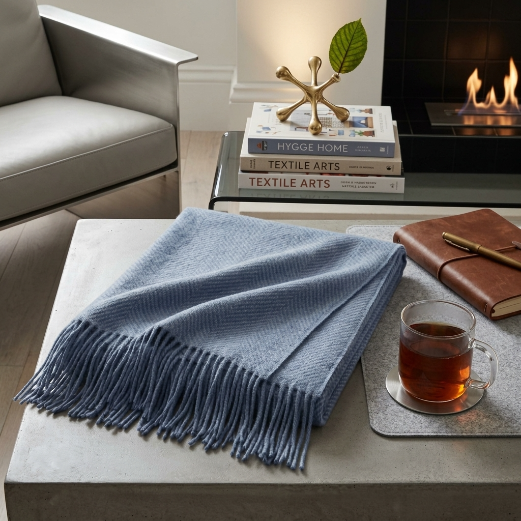 Blue Plain 100% Wool Fringed Throw