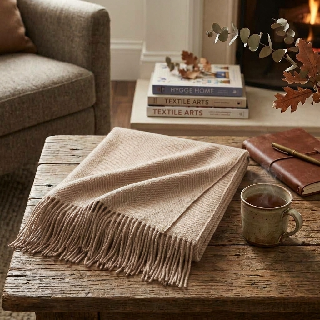 Beige Plain 100% Wool Fringed Throw