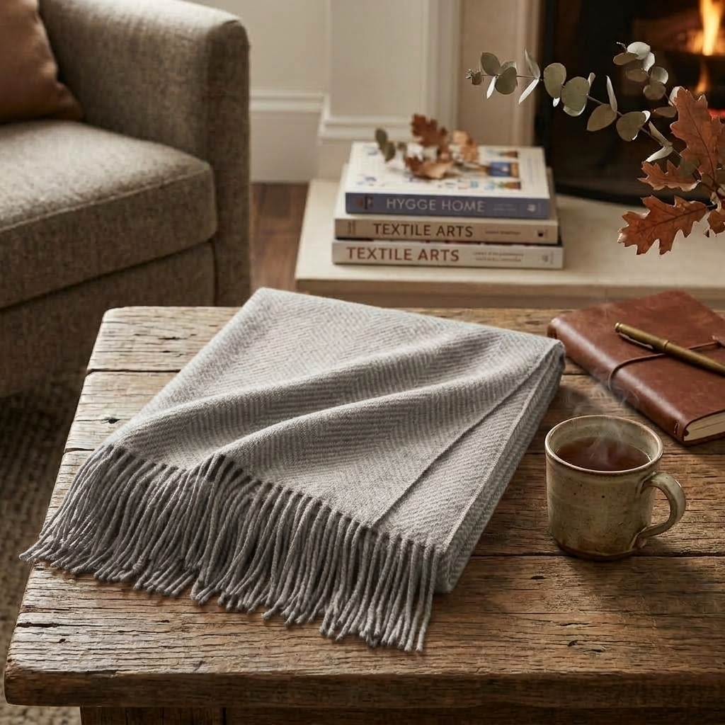 Grey Plain 100% Wool Fringed Throw
