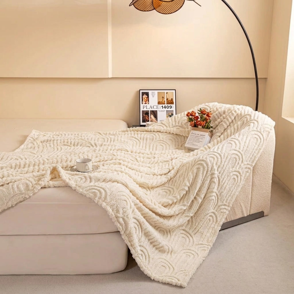 Ecru Soft Raised Jacquard Fleece Throw