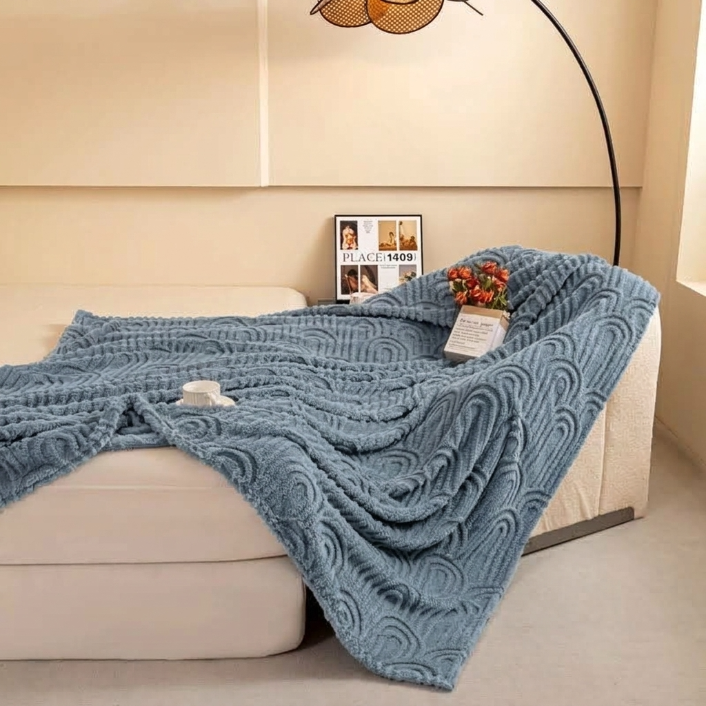 Blue Soft Raised Jacquard Fleece Throw