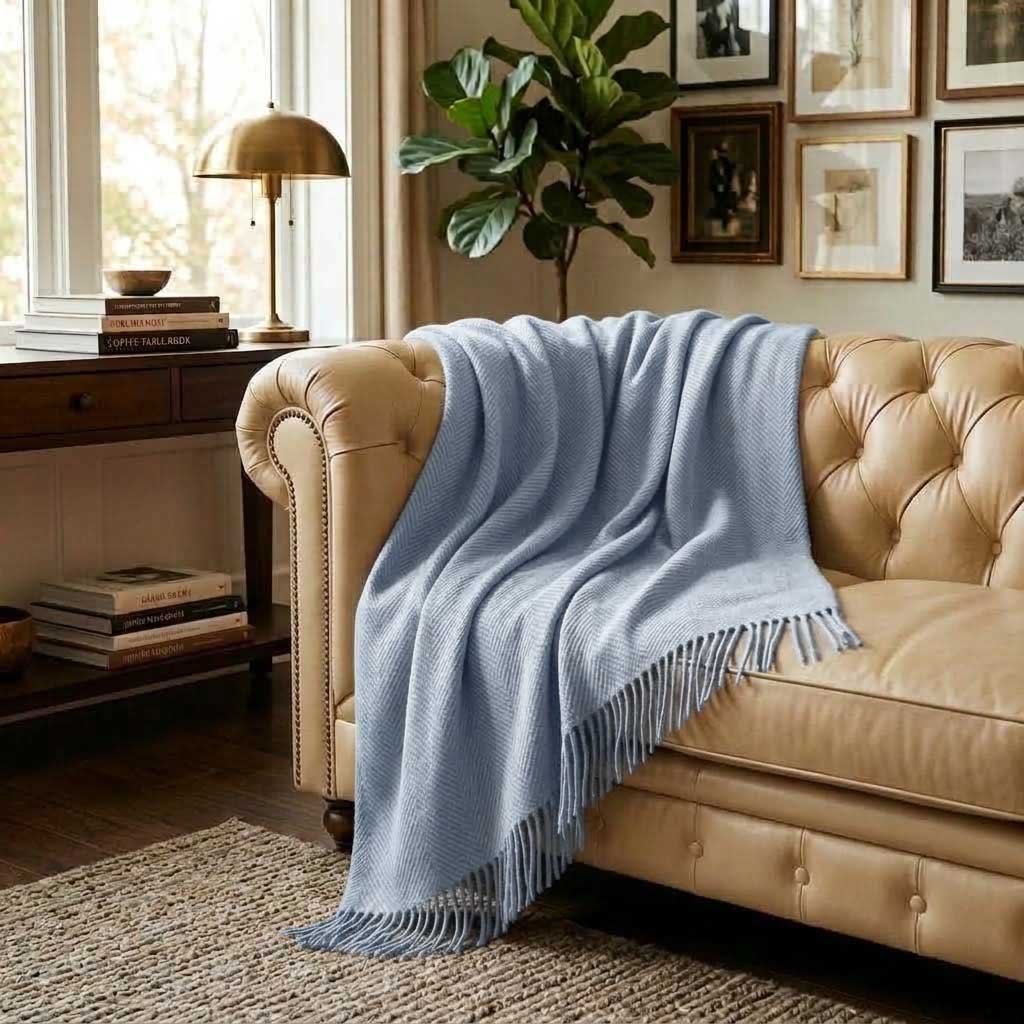 Blue Plain 100% Wool Fringed Throw