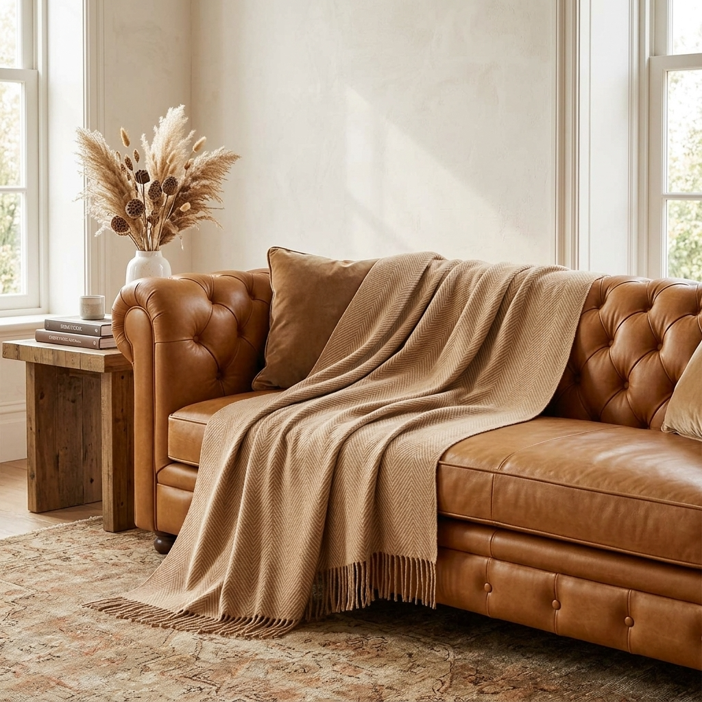 Camel Plain 100% Wool Fringed Throw