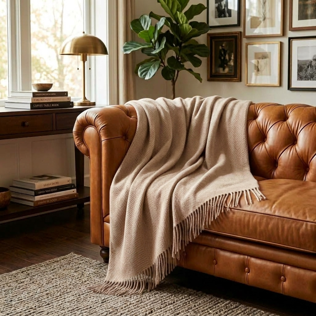 Beige Plain 100% Wool Fringed Throw