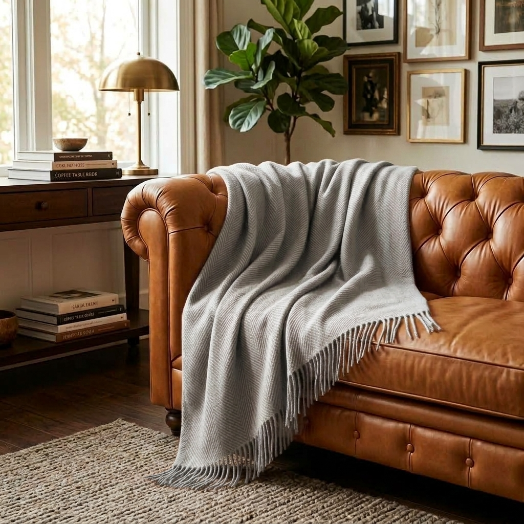Grey Plain 100% Wool Fringed Throw