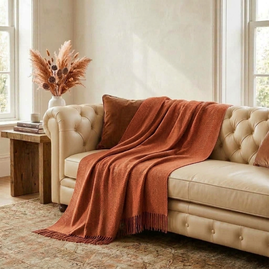 Terracotta Plain 100% Wool Fringed Throw
