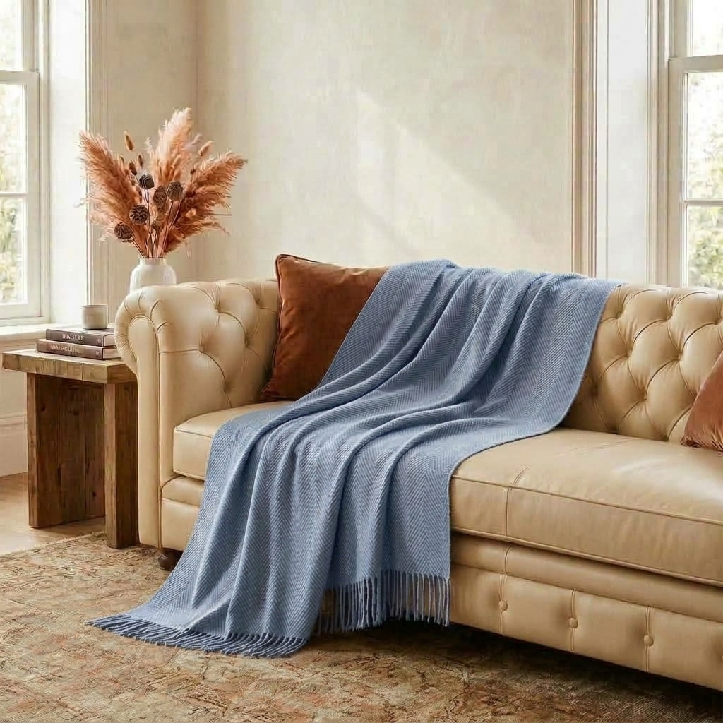 Blue Plain 100% Wool Fringed Throw