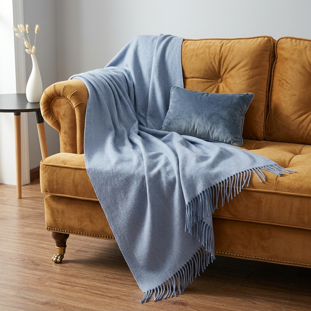 Blue Plain 100% Wool Fringed Throw