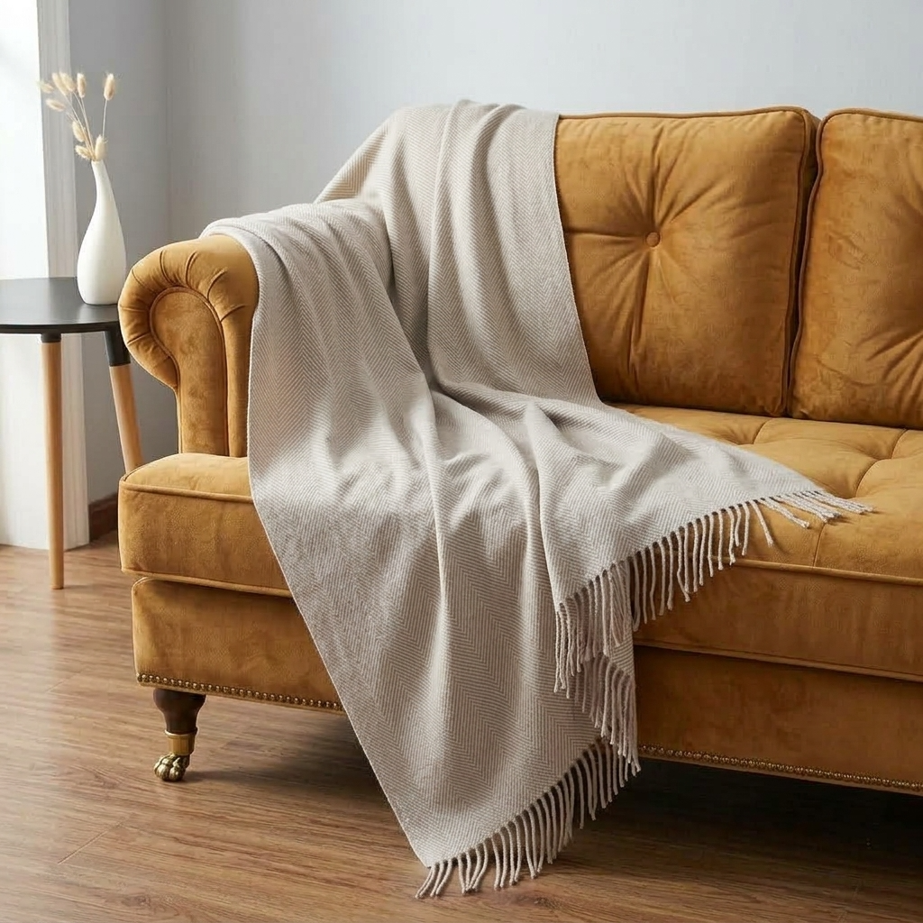 Beige Plain 100% Wool Fringed Throw