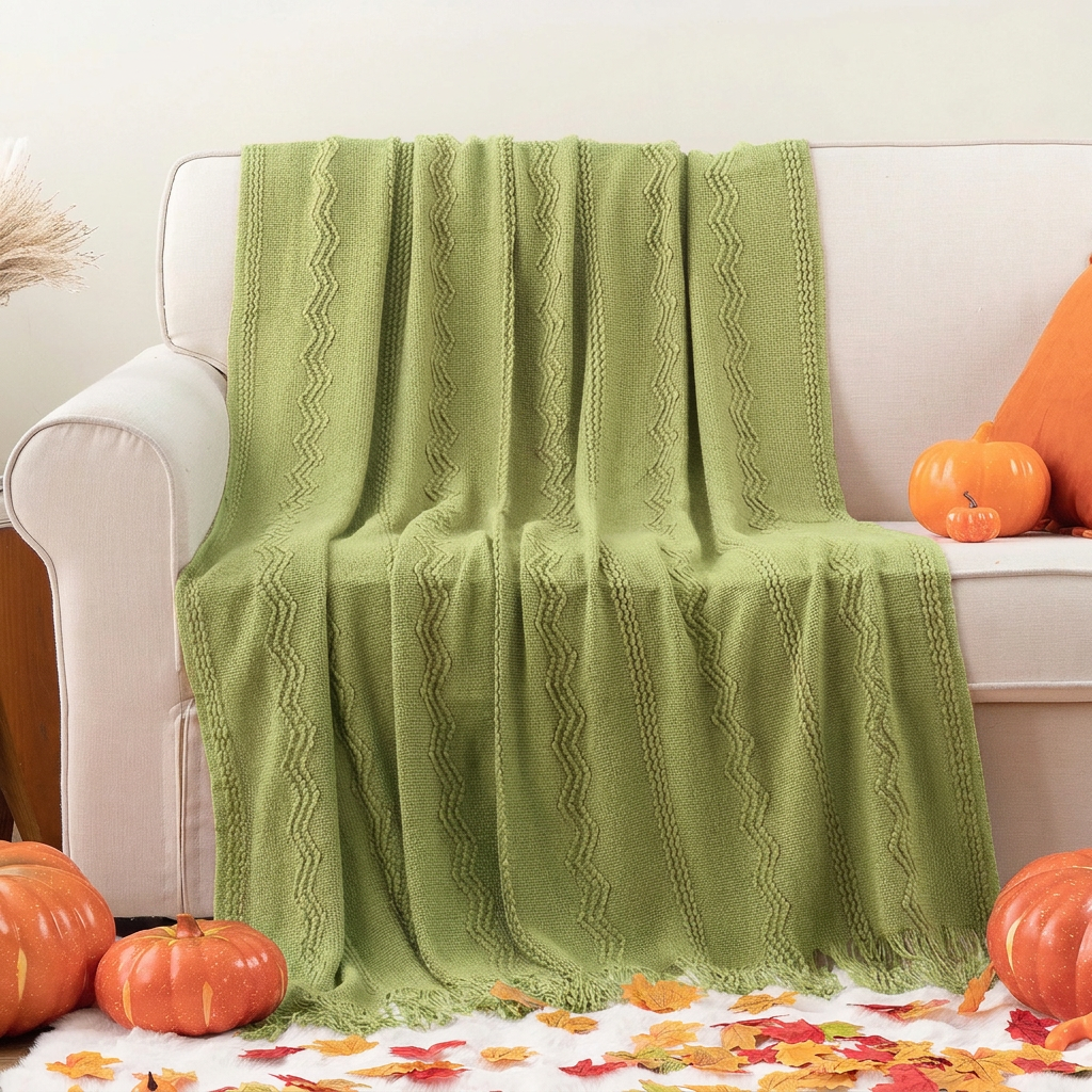 Olive Textured Knitted Fringed Throw