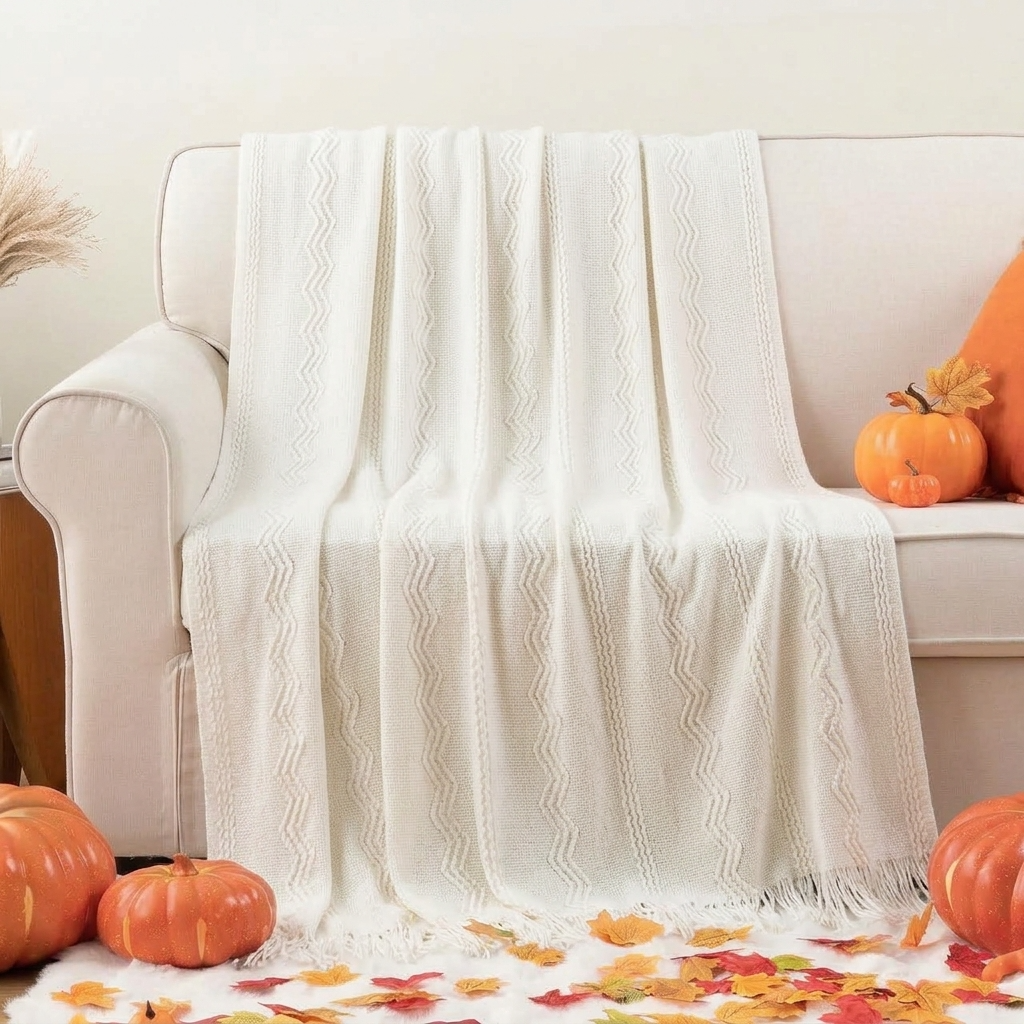 White Textured Knitted Fringed Throw