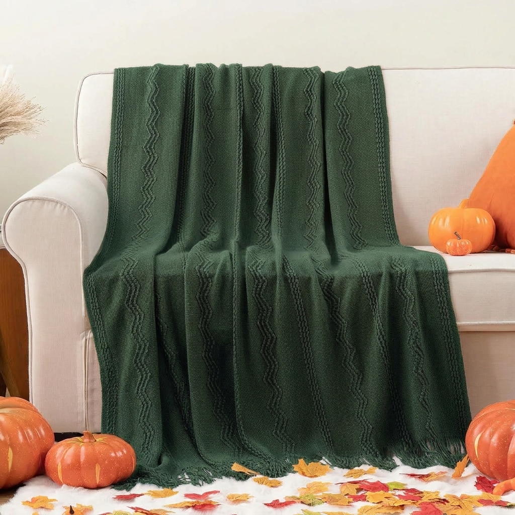 Forest Green Textured Knitted Fringed Throw