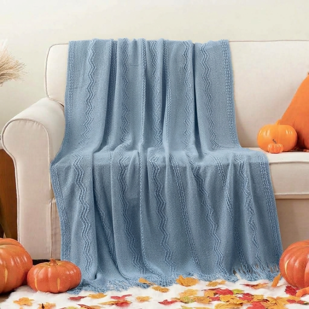 Blue Textured Knitted Fringed Throw