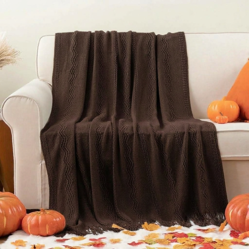 Brown Textured Knitted Fringed Throw