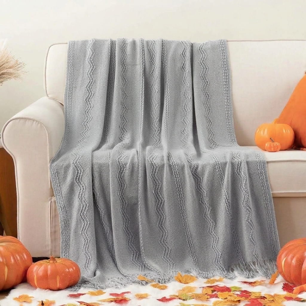 Grey Textured Knitted Fringed Throw