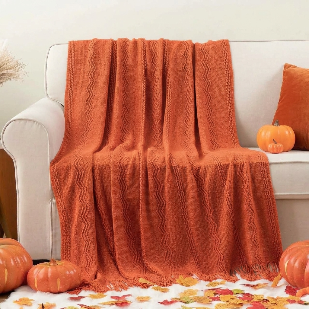 Orange Textured Knitted Fringed Throw