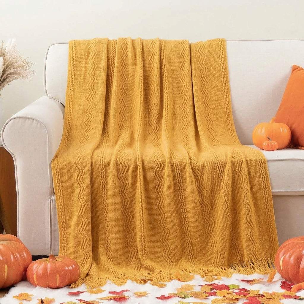 Yellow Textured Knitted Fringed Throw