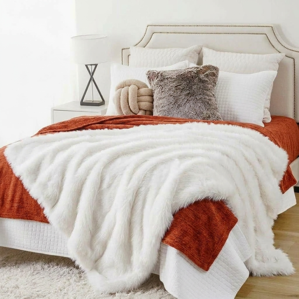 White Soft Long-Pile Faux Fur Throw