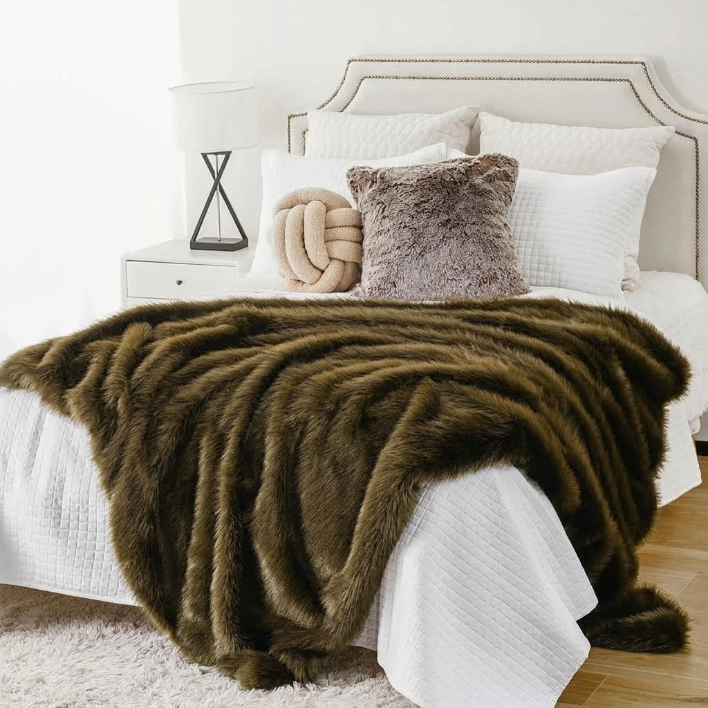 Khaki Soft Long-Pile Faux Fur Throw